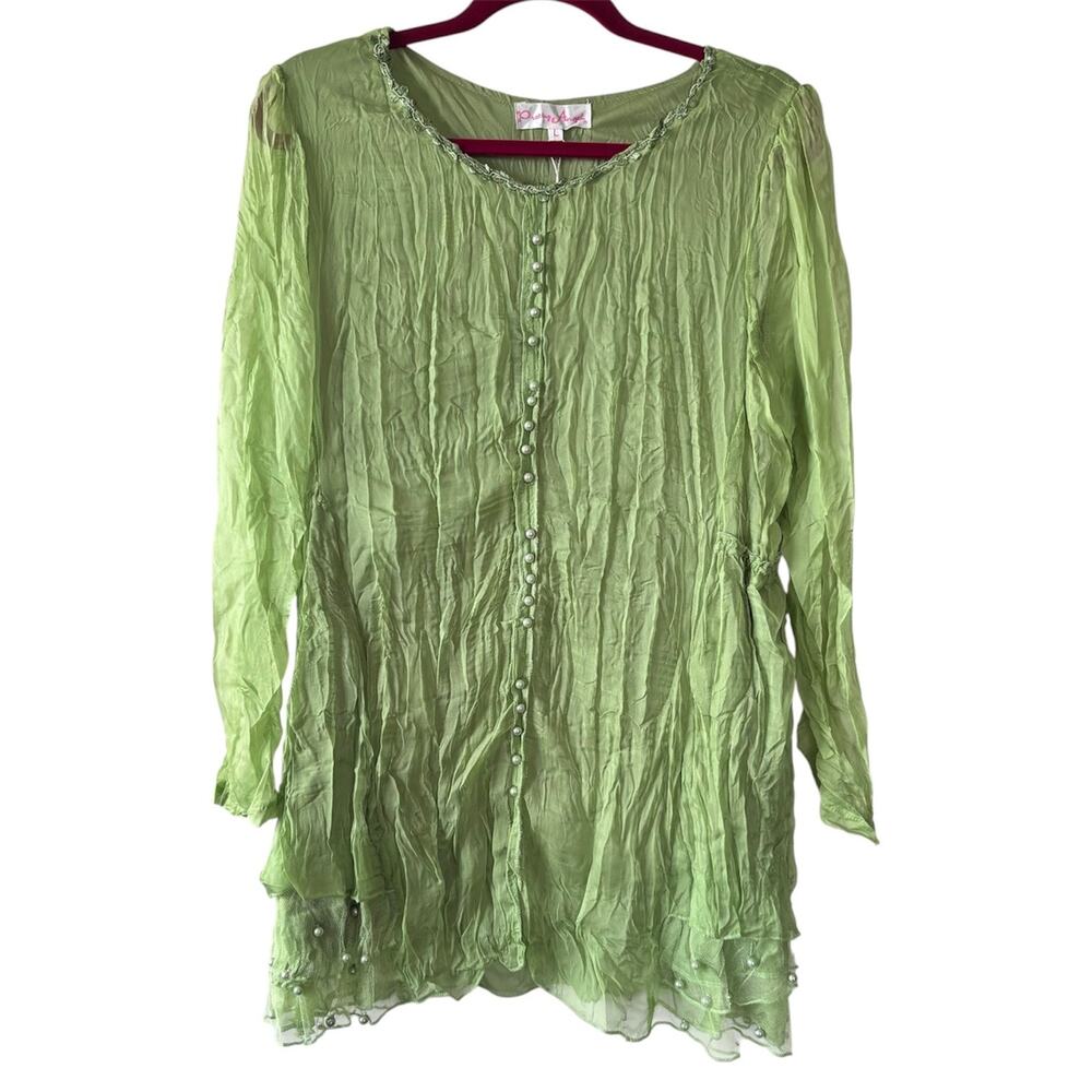 Pretty Angel Lime Green Fairy Silk Crinkle Tunic Blouse Womens Large Embellished